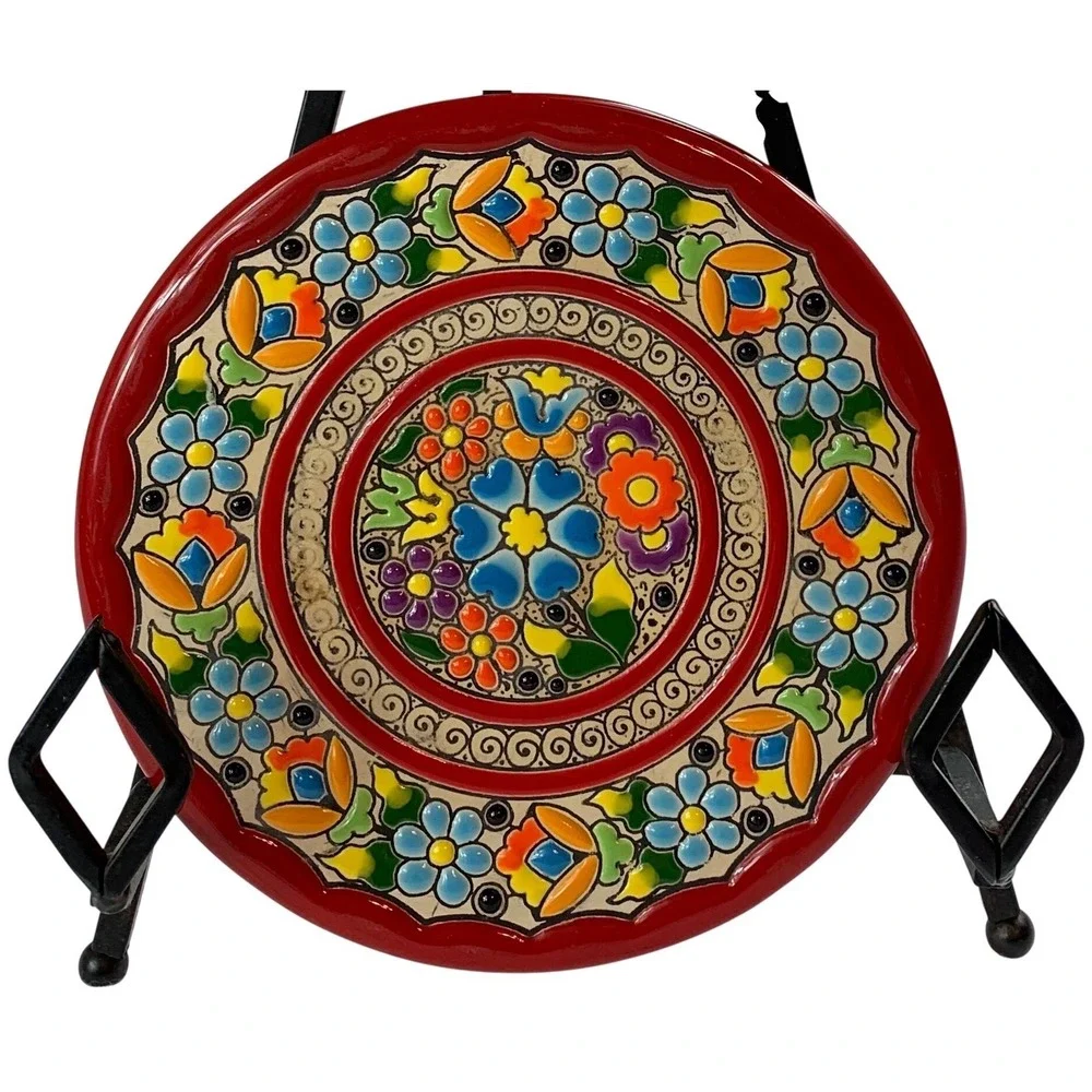 Vintage Cearco Spanish Ceramic Plate Cuerda Seca Hand Painted Floral Red
